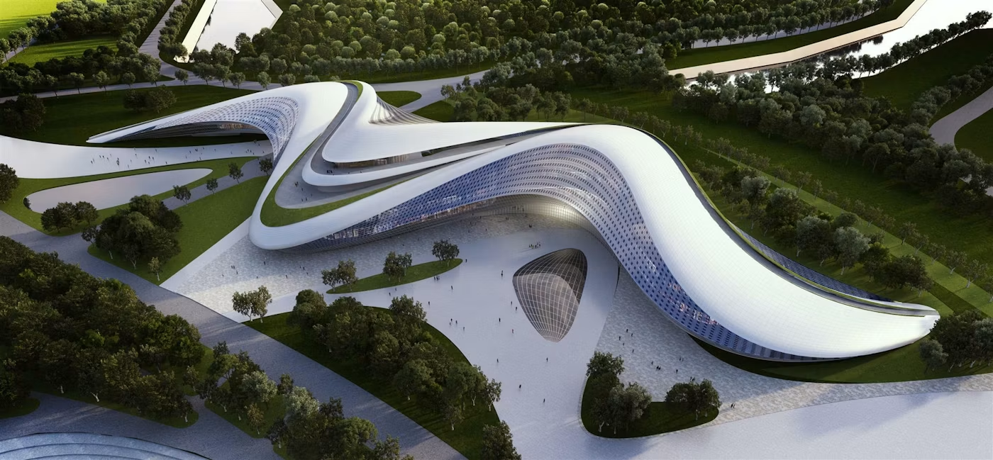 Ken Chan’s concept design, with a sweeping white roof set in a landscape